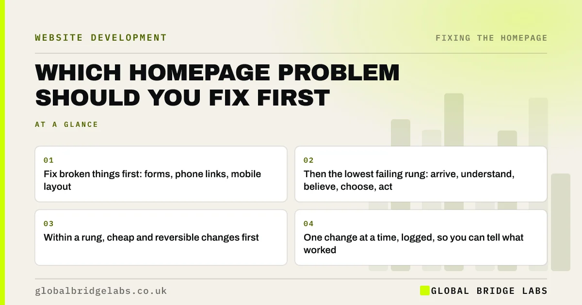 Prioritise homepage fixes: key takeaways infographic by Global Bridge Labs