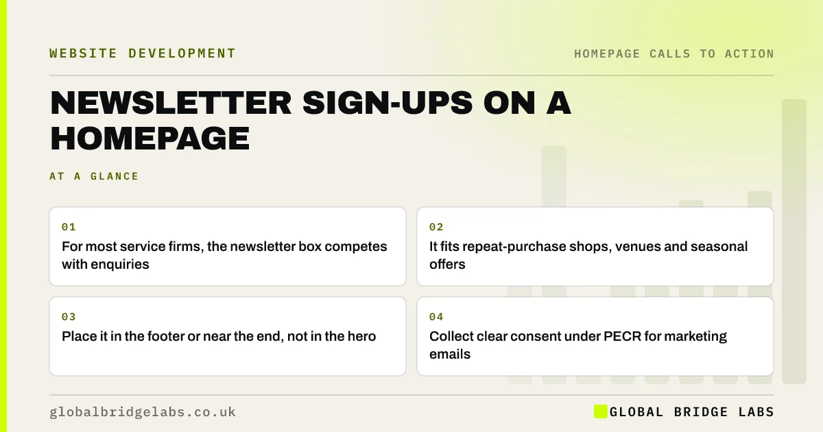Newsletter signup homepage: key takeaways infographic by Global Bridge Labs