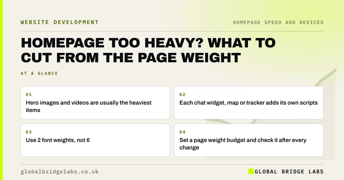 Homepage page size: key takeaways infographic by Global Bridge Labs