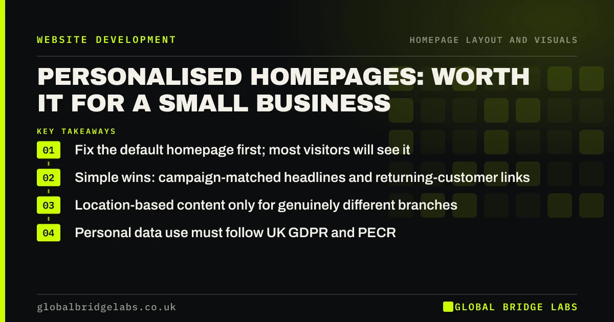 Personalised homepage: key takeaways infographic by Global Bridge Labs