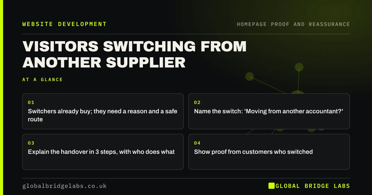 Switching supplier website: key takeaways infographic by Global Bridge Labs