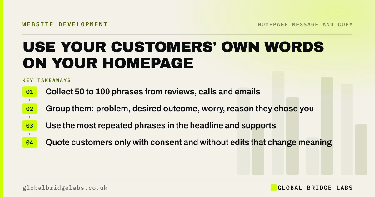 Voice of customer homepage copy: key takeaways infographic by Global Bridge Labs