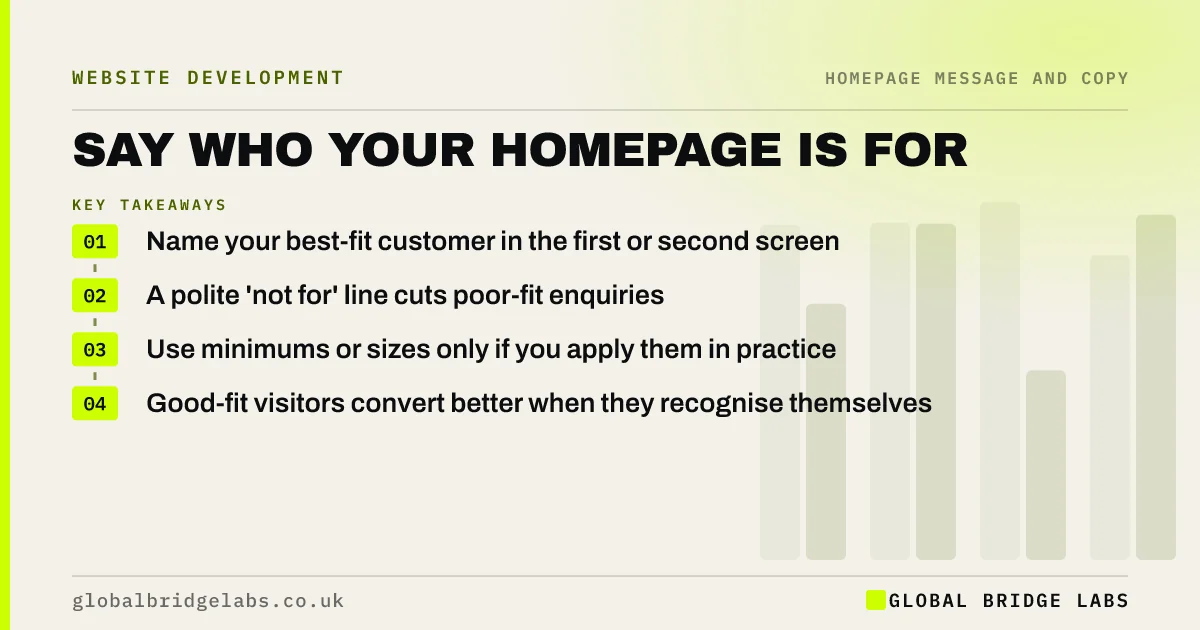 Who your homepage is for: key takeaways infographic by Global Bridge Labs