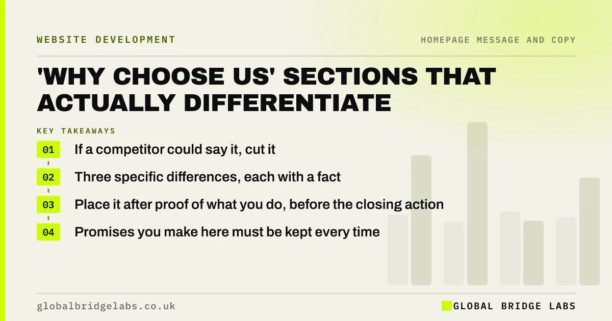 Why choose us section: key takeaways infographic by Global Bridge Labs