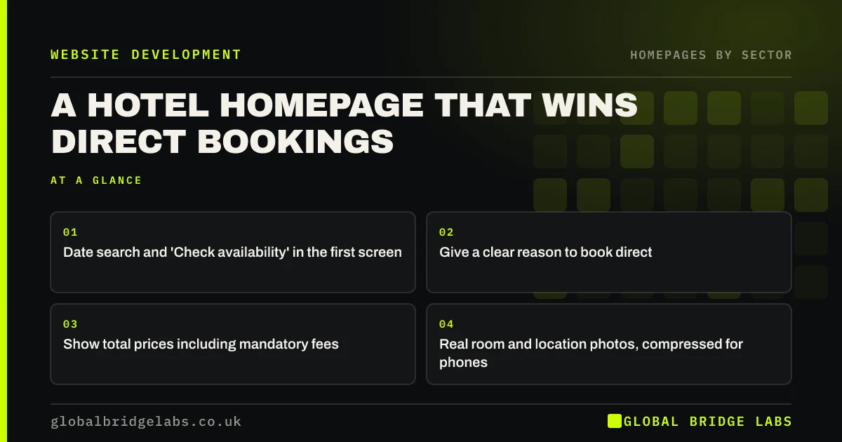 Hotel homepage direct bookings: key takeaways infographic by Global Bridge Labs