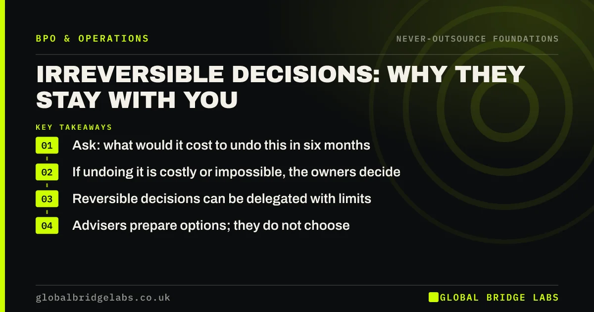 Irreversible business decisions: key takeaways infographic by Global Bridge Labs