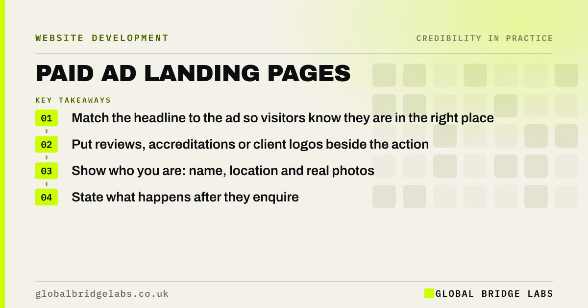 Landing page trust paid ads: key takeaways infographic by Global Bridge Labs
