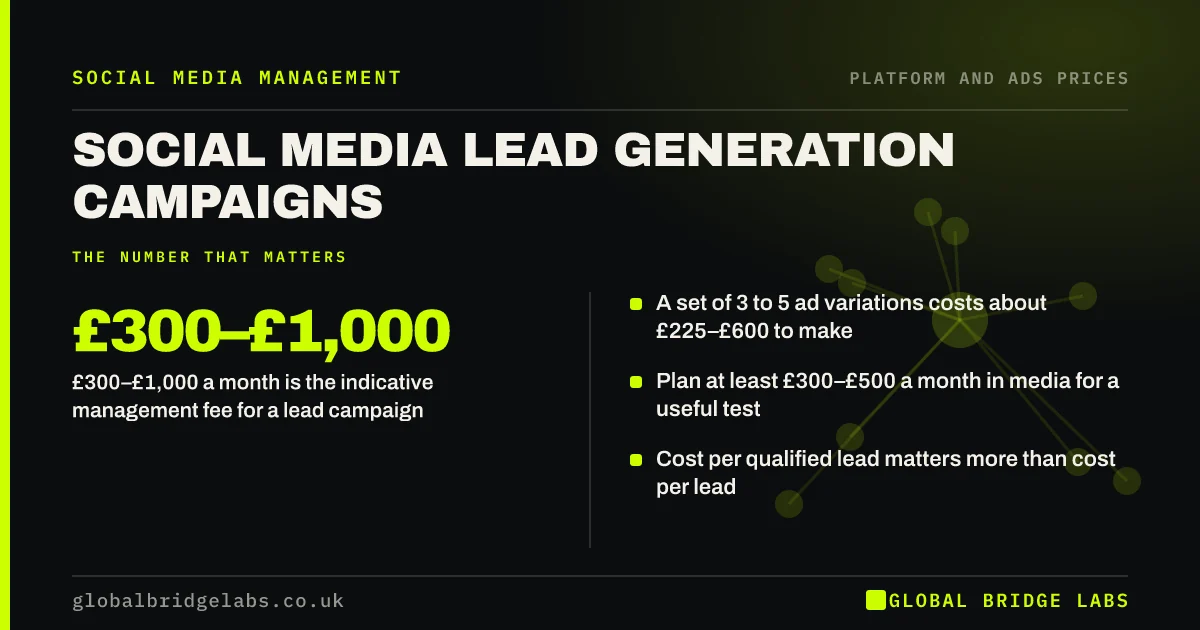 Social media lead generation campaign cost: key takeaways infographic by Global Bridge Labs