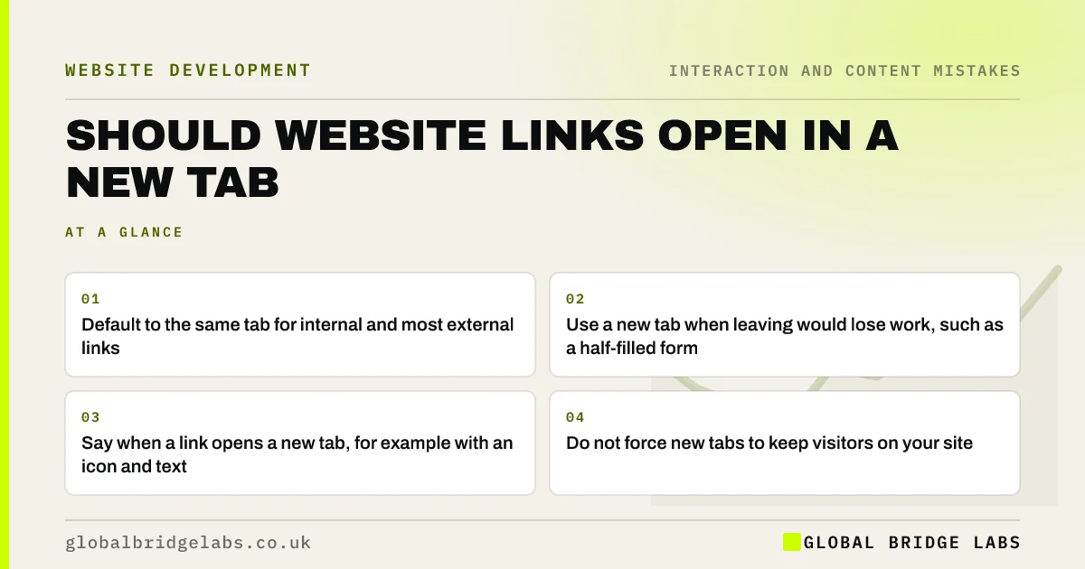 Should links open in a new tab: key takeaways infographic by Global Bridge Labs