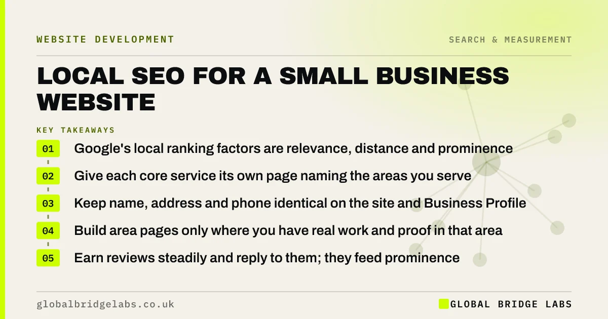 Local SEO for small business website: key takeaways infographic by Global Bridge Labs