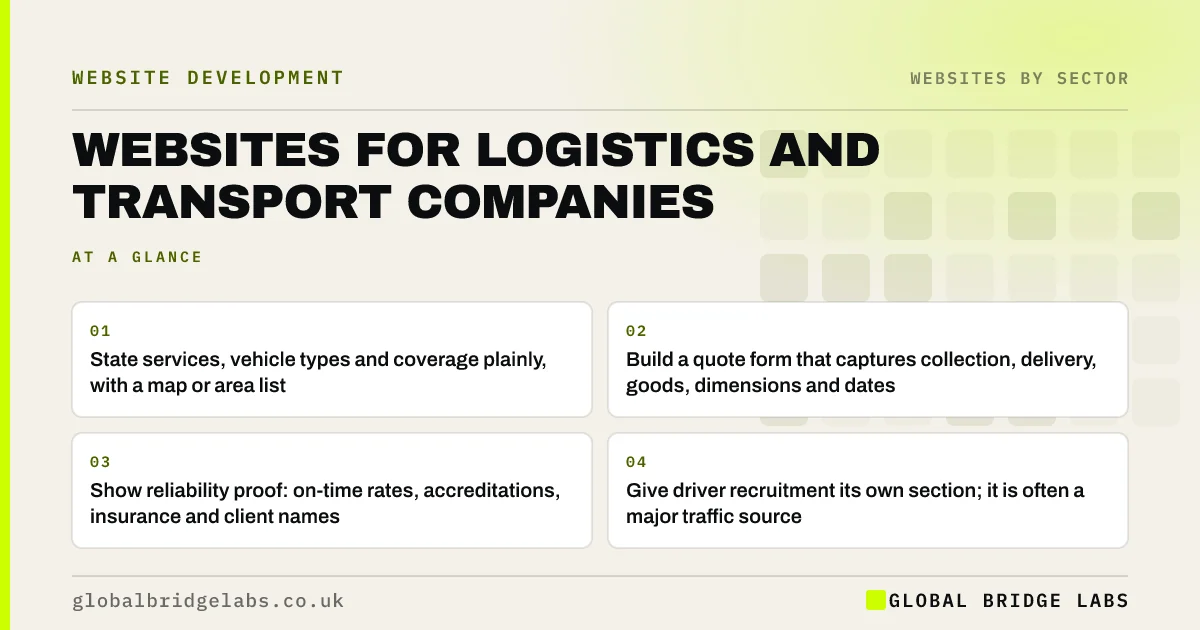Logistics company website: key takeaways infographic by Global Bridge Labs