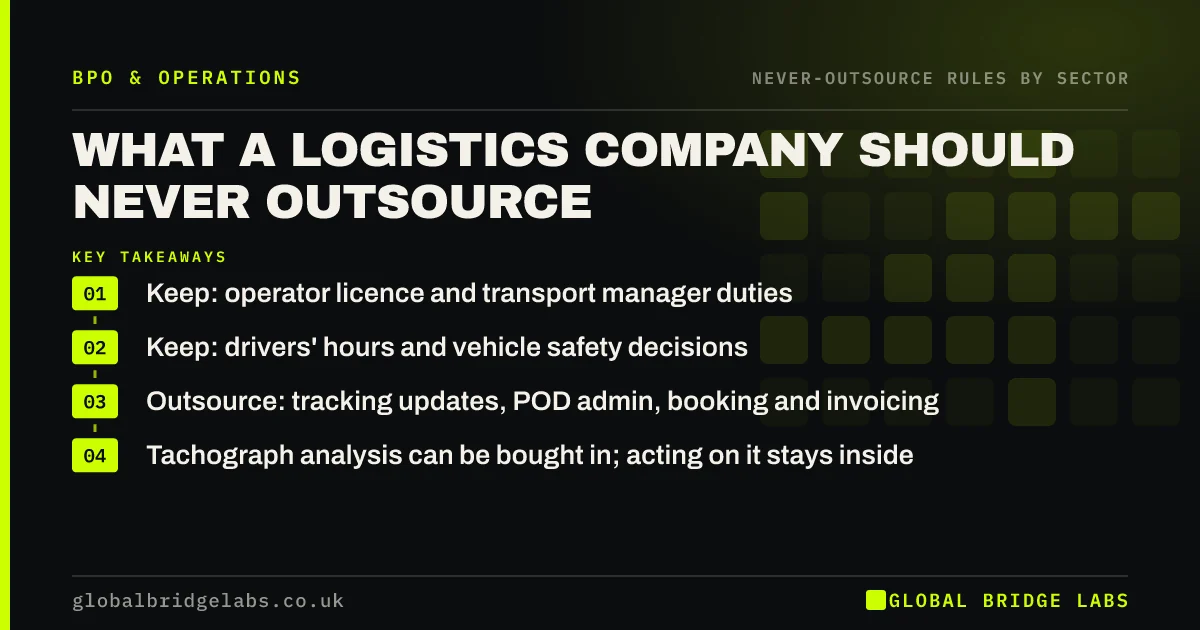What should a logistics company not outsource: key takeaways infographic by Global Bridge Labs