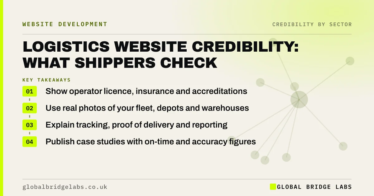 Logistics website credibility: key takeaways infographic by Global Bridge Labs