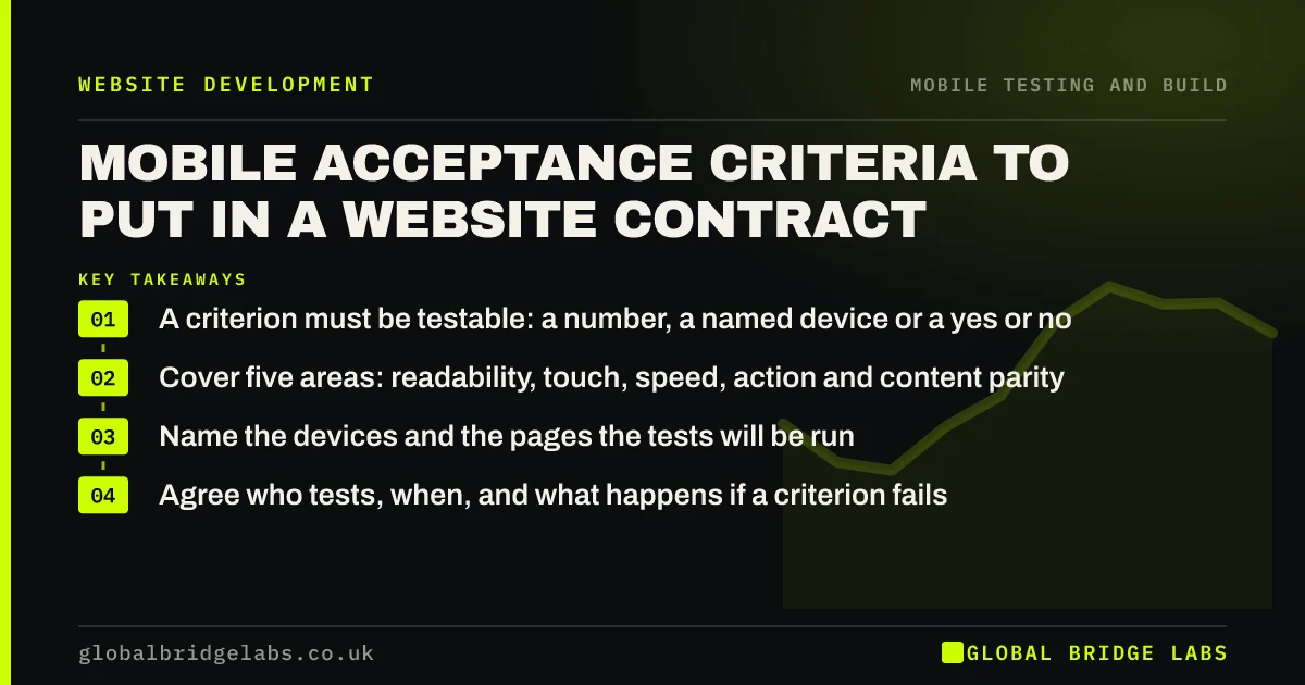 Mobile acceptance criteria website: key takeaways infographic by Global Bridge Labs