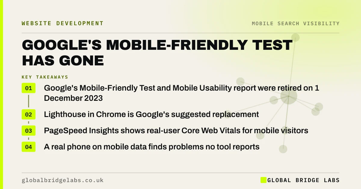 Google mobile friendly test: key takeaways infographic by Global Bridge Labs