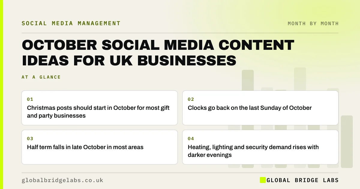 October social media content ideas: key takeaways infographic by Global Bridge Labs