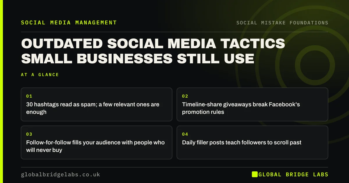 Outdated social media tactics: key takeaways infographic by Global Bridge Labs
