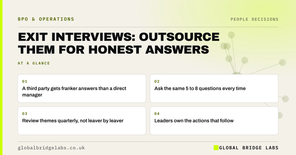 Outsourced exit interviews: key takeaways infographic by Global Bridge Labs