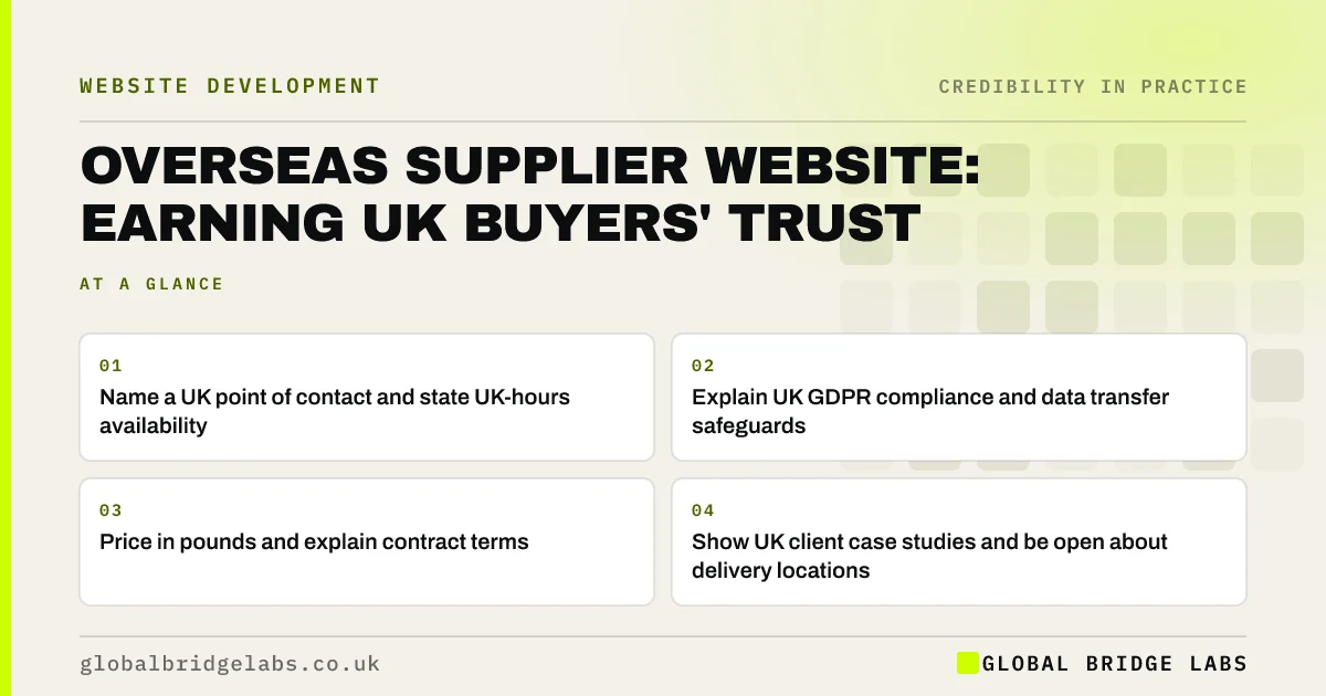 UK buyers trust overseas supplier website: key takeaways infographic by Global Bridge Labs
