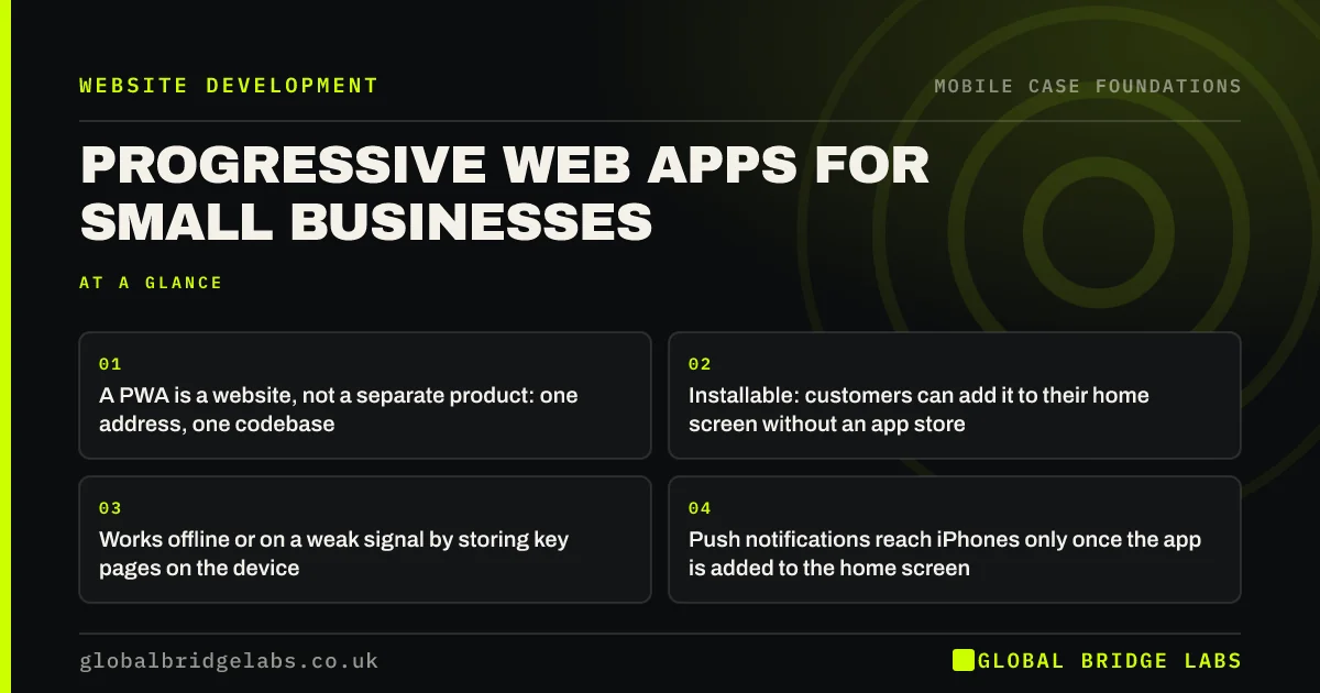 Progressive web app small business: key takeaways infographic by Global Bridge Labs