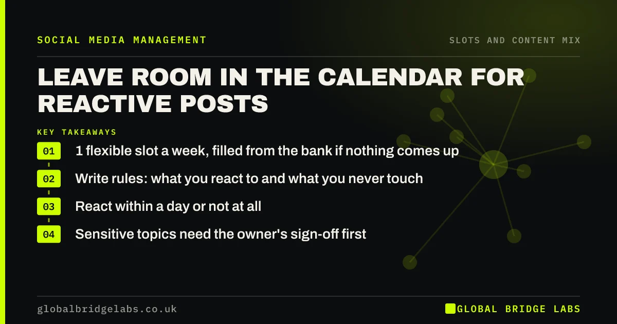 Reactive content social media plan: key takeaways infographic by Global Bridge Labs