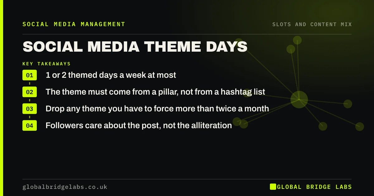 Social media theme days: key takeaways infographic by Global Bridge Labs