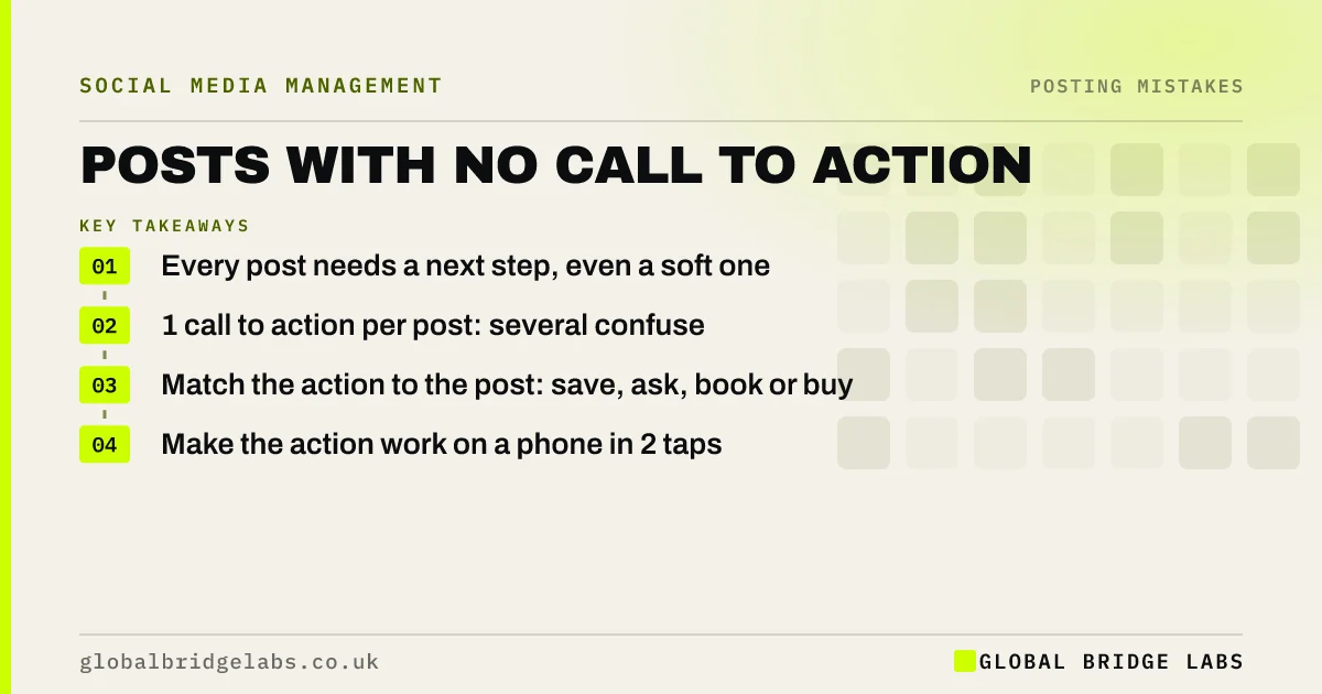 Social media posts without call to action: key takeaways infographic by Global Bridge Labs
