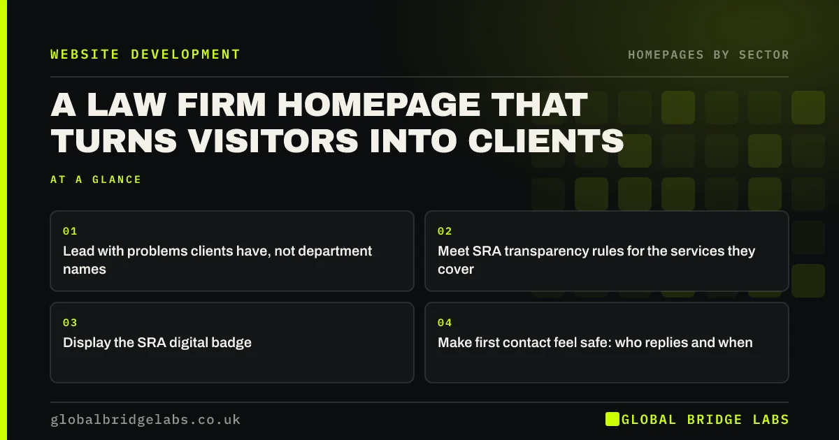 Law firm homepage: key takeaways infographic by Global Bridge Labs