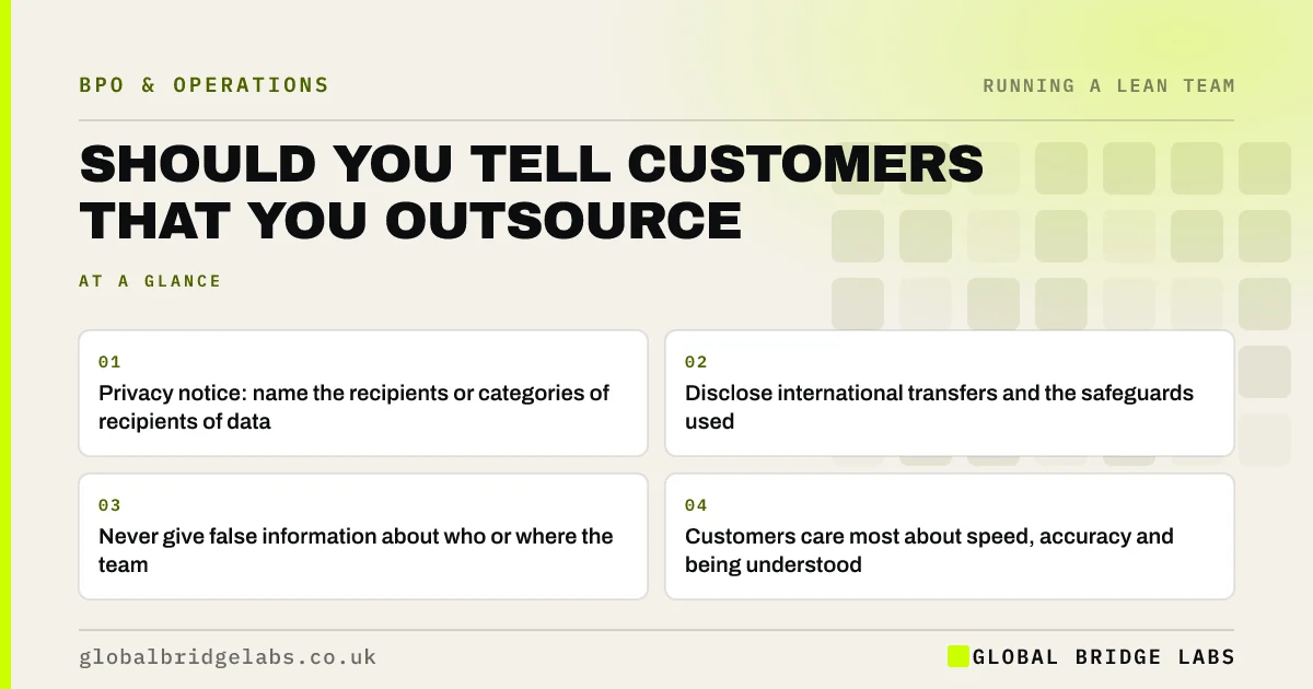 Should you tell customers you outsource: key takeaways infographic by Global Bridge Labs