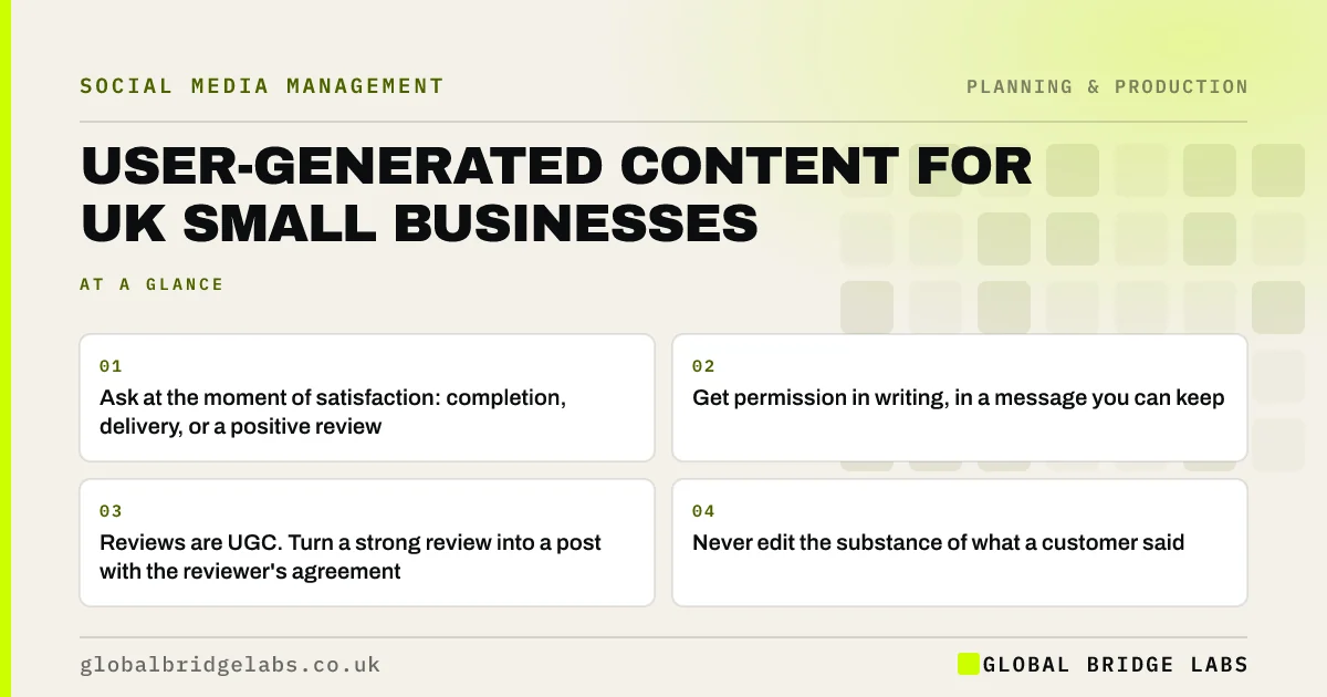 User generated content for small business: key takeaways infographic by Global Bridge Labs