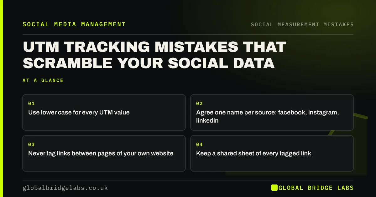 UTM tracking mistakes: key takeaways infographic by Global Bridge Labs