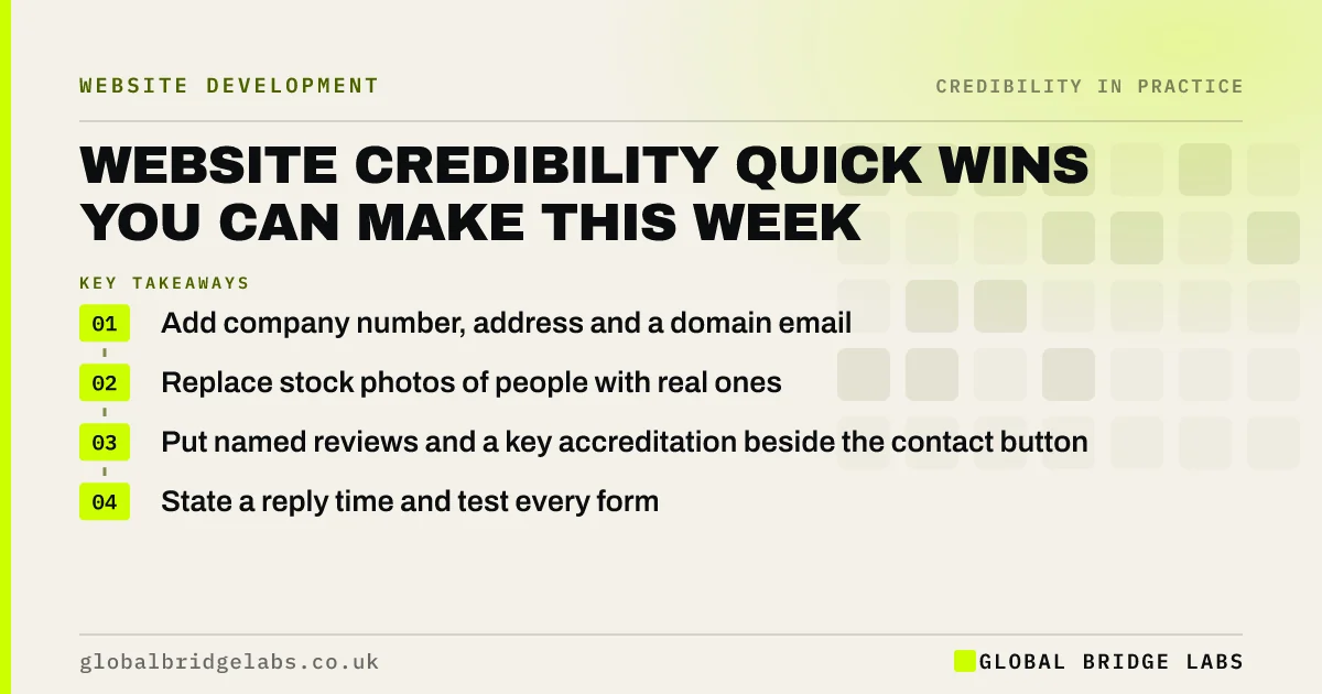 Make website more credible quickly: key takeaways infographic by Global Bridge Labs