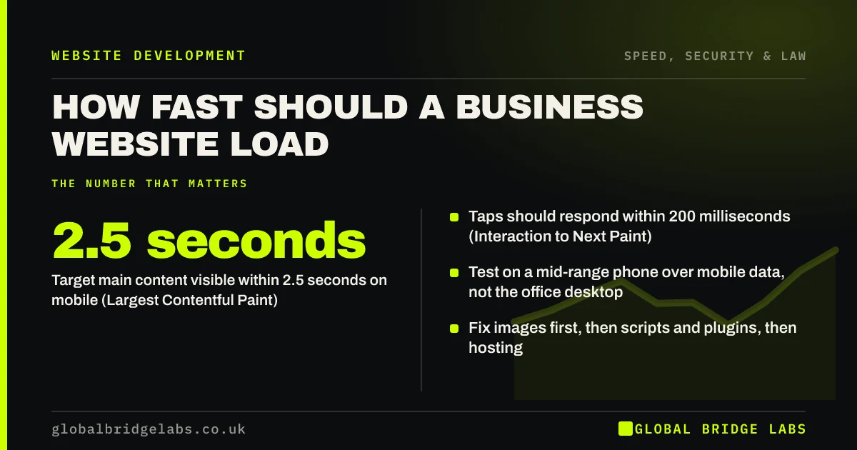 How fast should a website load: key takeaways infographic by Global Bridge Labs