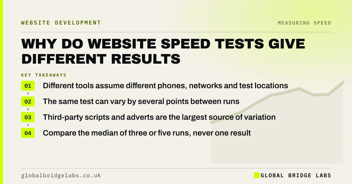 Why do website speed tests give different results: key takeaways infographic by Global Bridge Labs