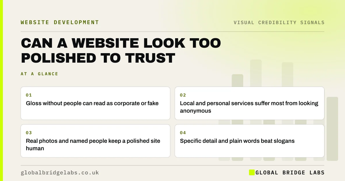 Can a website look too professional: key takeaways infographic by Global Bridge Labs