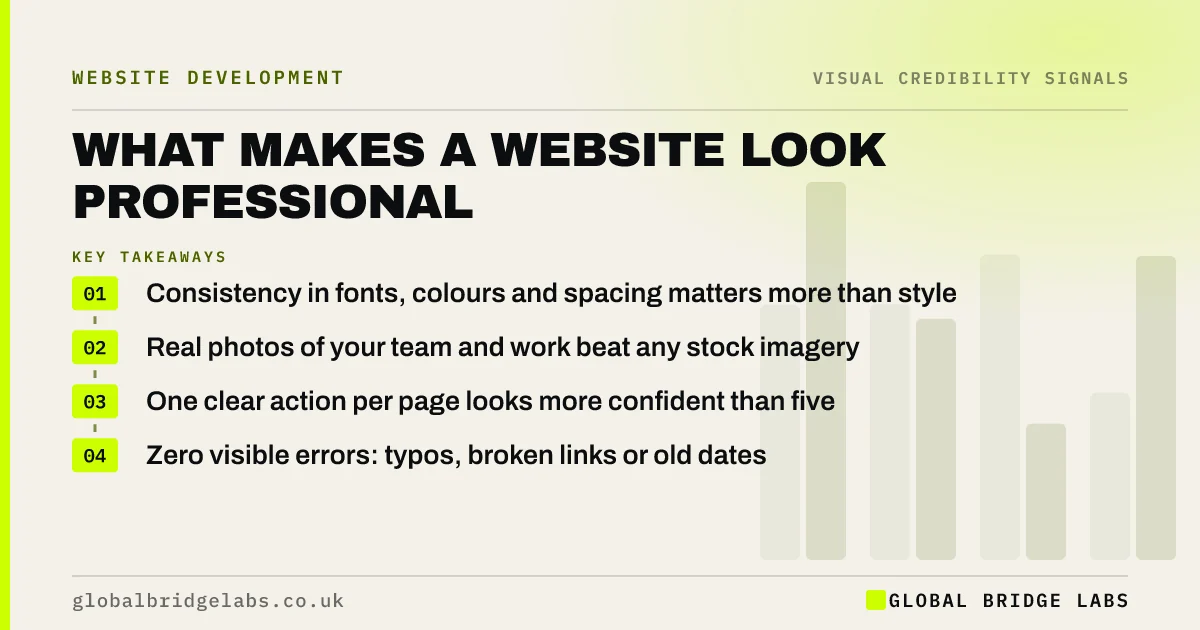 What makes a website look professional: key takeaways infographic by Global Bridge Labs