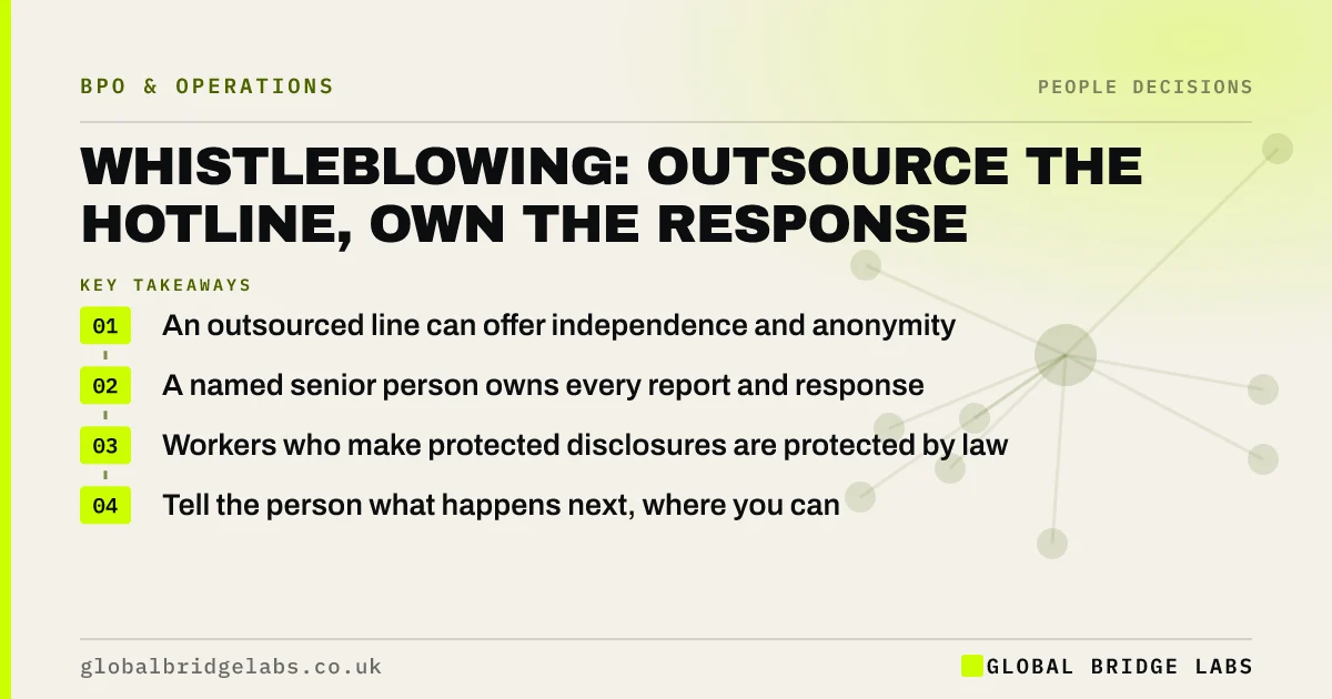 Whistleblowing hotline small business: key takeaways infographic by Global Bridge Labs