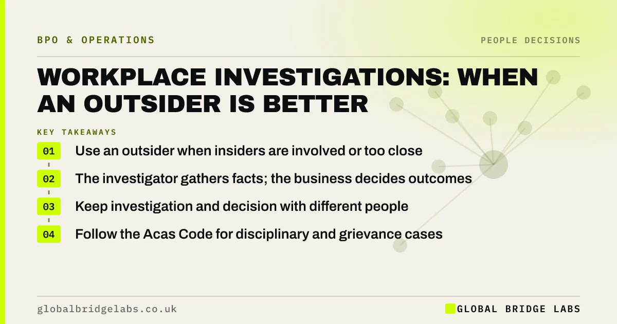 Independent workplace investigation: key takeaways infographic by Global Bridge Labs